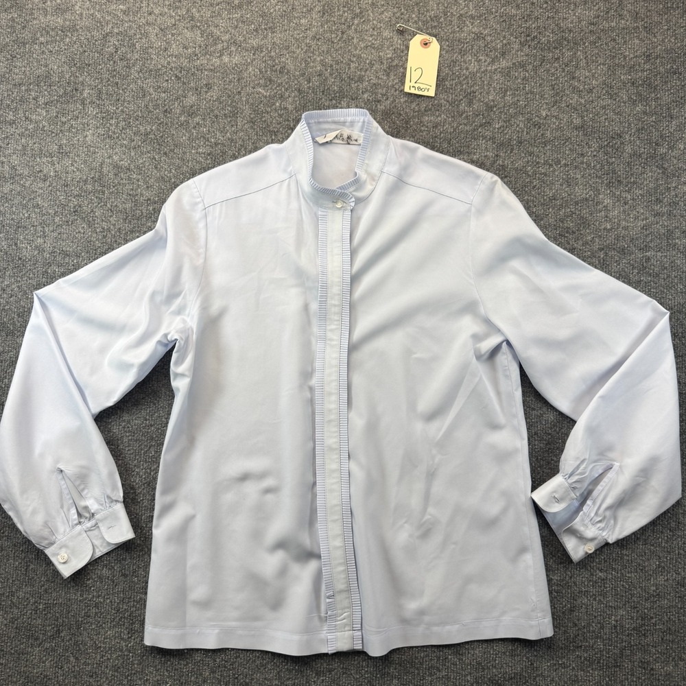 Vintage Shapely Shirt Top Women 12 Light Blue Long Sleeve Formal Mandarin Collar